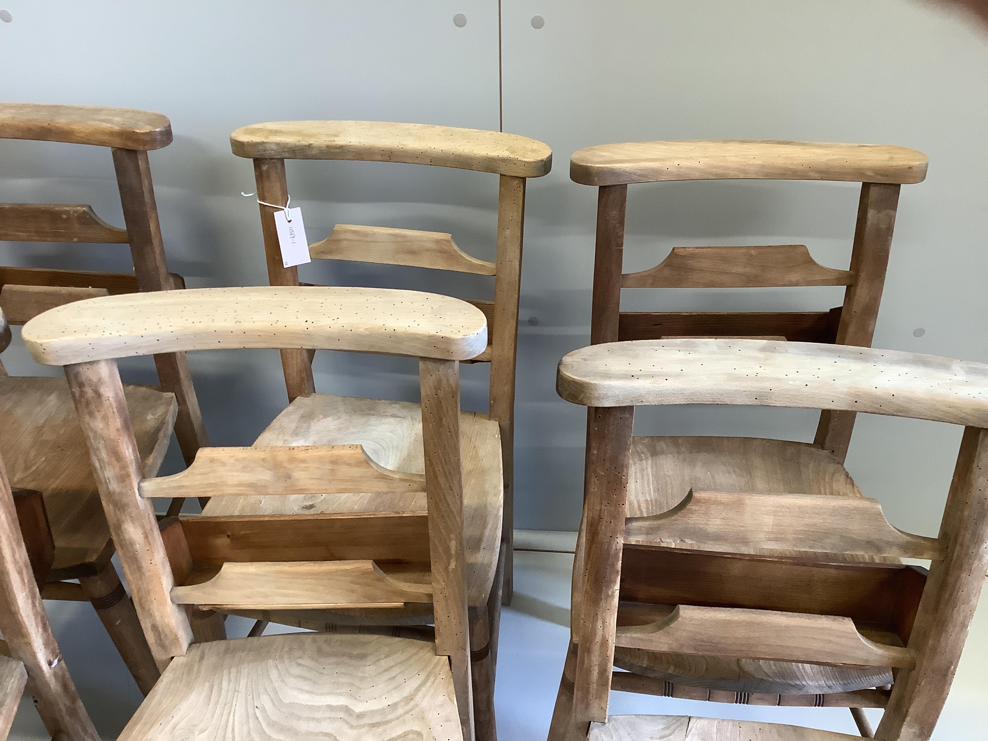 Ten Victorian elm and beech chapel chairs, width 38cm, height 77cm